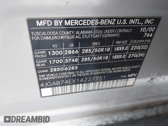 2001 Mercedes-Benz M AMG z VIN 4JGAB74EX1A227751, wystawiony jako IAAI lot #42374473 z przebiegiem 124 061 mil mil oraz . Historia ofert i sprzedaży dostępna na DreamBid. Obrazek 9.