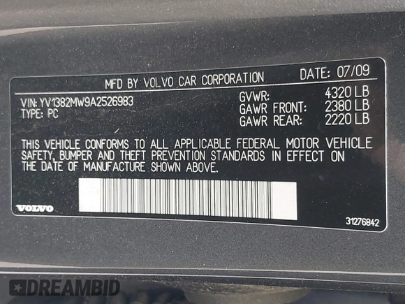 2010 Volvo V50 with VIN YV1382MW9A2526983, listed as a IAAI auction lot 42179780 with 203,974 mi miles. Bid and sale history available at carsss.com. Image 9.