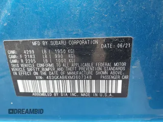 2021 Subaru Impreza with VIN 4S3GKAB6XM3607348, listed as a IAAI auction lot 42554219 with 38,722 mi miles and . Bid and sale history available at DreamBid. Image 9.
