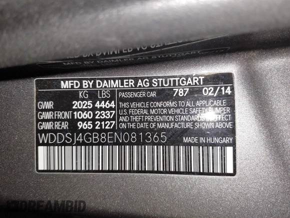 2014 Mercedes-Benz CLA 250 with VIN WDDSJ4GB8EN081365, listed as a IAAI auction lot 41963411 with 84,039 mi miles and . Bid and sale history available at DreamBid. Image 9.