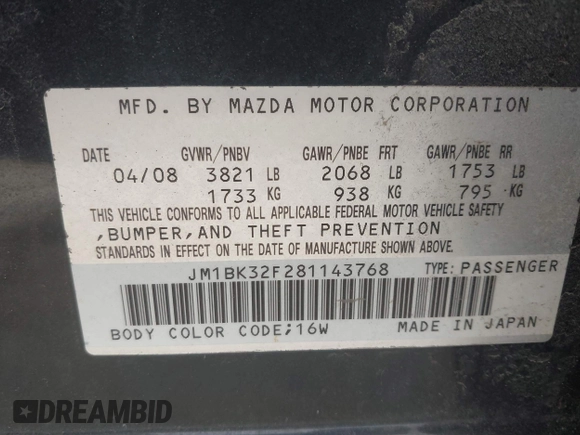 2008 Mazda 3 i Sport with VIN JM1BK32F281143768, listed as a IAAI auction lot 41770239 with 128,346 mi miles and . Bid and sale history available at DreamBid. Image 9.