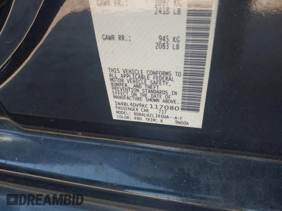 2019 Nissan Altima 2.5 SV with VIN 1N4BL4DV9KC117080, listed as a IAAI auction lot 41827686 with 84,228 mi miles. Bid and sale history available at carsss.com. Image 9.