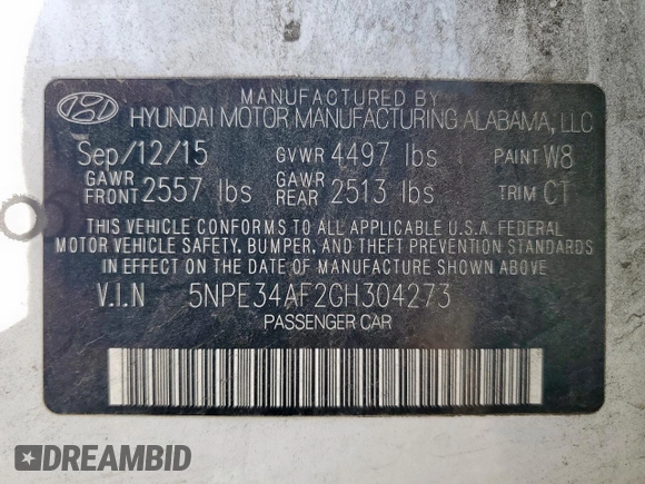 2016 Hyundai Sonata Sport with VIN 5NPE34AF2GH304273, listed as a Copart auction lot 52650515 with Not Provided miles and Salvage Title. Bid and sale history available at DreamBid. Image 13.
