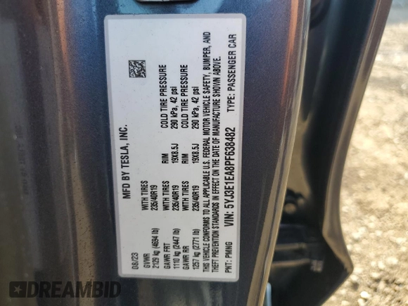 2023 Tesla Model 3 с VIN 5YJ3E1EA8PF638482, выставлен на аукционе Copart как лот 61992515 с пробегом 11 434 миль миль и Списание • Salvage title. История ставок и продаж доступна на DreamBid. Изображение 12.