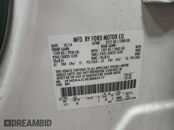 2014 Ford Edge SEL z VIN 2FMDK4JC9EBB53117, wystawiony jako Copart lot #61017115 z przebiegiem 118 071 mil mil oraz Nie do naprawy • Non repairable. Historia ofert i sprzedaży dostępna na DreamBid. Obrazek 13.