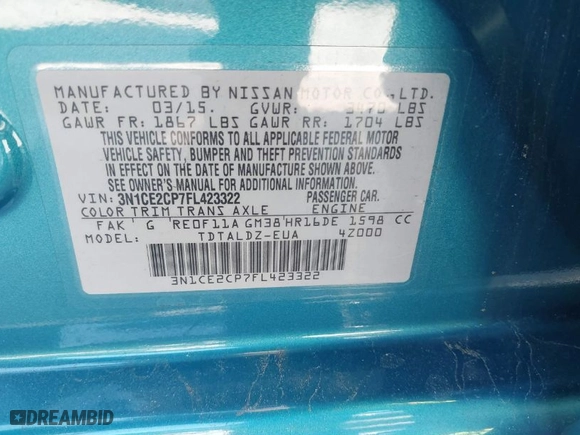 2015 Nissan Versa Note SV with VIN 3N1CE2CP7FL423322, listed as a IAAI auction lot 41755791 with 54,330 mi miles. Bid and sale history available at carsss.com. Image 9.