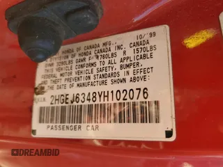 2000 Honda Civic DX with VIN 2HGEJ6348YH102076, listed as a Copart auction lot 47065905 with 198,093 mi miles and Salvage Title. Bid and sale history available at carsss.com. Image 13.