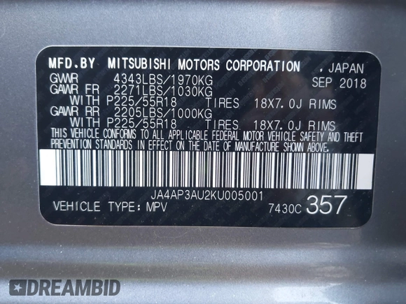 2019 Mitsubishi Outlander ES with VIN JA4AP3AU2KU005001, listed as a IAAI auction lot 42620501 with 89,890 mi miles and . Bid and sale history available at DreamBid. Image 9.