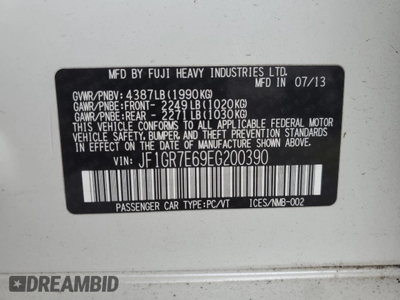 2014 Subaru WRX WRX with VIN JF1GR7E69EG200390, listed as a Copart auction lot 57545045 with 116,865 mi miles and Salvage title. Bid and sale history available at DreamBid. Image 12.