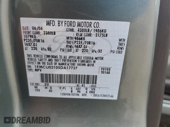 2005 Ford Escape XLT with VIN 1FMCU03105DA17737, listed as a Copart auction lot 79019394 with 183,304 mi miles and Clean Title. Bid and sale history available at DreamBid. Image 13.