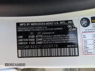 2015 Mercedes-Benz C 300 Luxury with VIN 55SWF4KB2FU008978, listed as a Copart auction lot 65449275 with 123,003 mi miles and Salvage title. Bid and sale history available at DreamBid. Image 12.