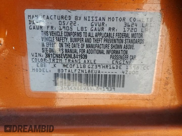 2022 Nissan Versa SV with VIN 3N1CN8EV5NL841939, listed as a Copart auction lot 48990195 with 57,076 mi miles and Salvage title. Bid and sale history available at DreamBid. Image 12.