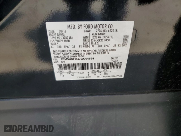 2018 Ford Explorer Limited with VIN 1FM5K8FH4JGC64564, listed as a Copart auction lot 63111625 with 145,794 mi miles and Clean title. Bid and sale history available at DreamBid. Image 13.