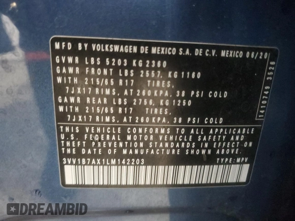 2020 Volkswagen Tiguan S с VIN 3VV1B7AX1LM142203, выставлен на аукционе Copart как лот 58176815 с пробегом 159 380 миль миль и Чистый • Clean title. История ставок и продаж доступна на DreamBid. Изображение 13.