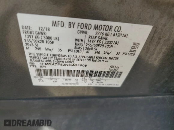 2019 Ford Explorer Limited z VIN 1FM5K7F82KGA91008, wystawiony jako Copart lot #53059355 z przebiegiem 109 903 mil mil oraz Szkoda całkowita • Salvage title. Historia ofert i sprzedaży dostępna na DreamBid. Obrazek 13.