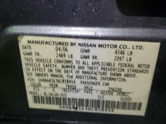 2006 Nissan Maxima 3.5 SE with VIN 1N4BA41E36C858454, listed as a Copart auction lot 41794045 with 0 mi miles and Non Repairable. Bid and sale history available at carsss.com. Image 13.