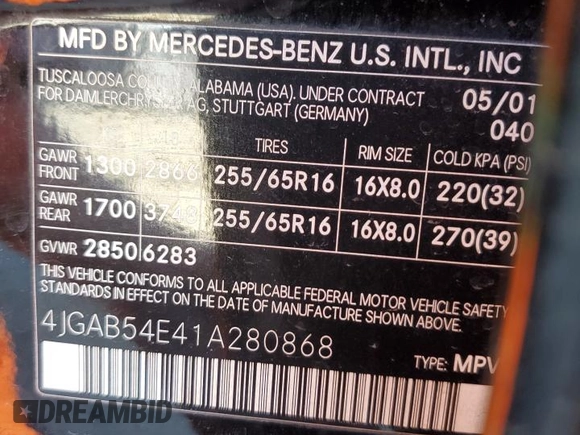 2001 Mercedes-Benz M 320/430/500 with VIN 4JGAB54E41A280868, listed as a Copart auction lot 47829955 with 111,475 mi miles and Salvage title. Bid and sale history available at DreamBid. Image 13.