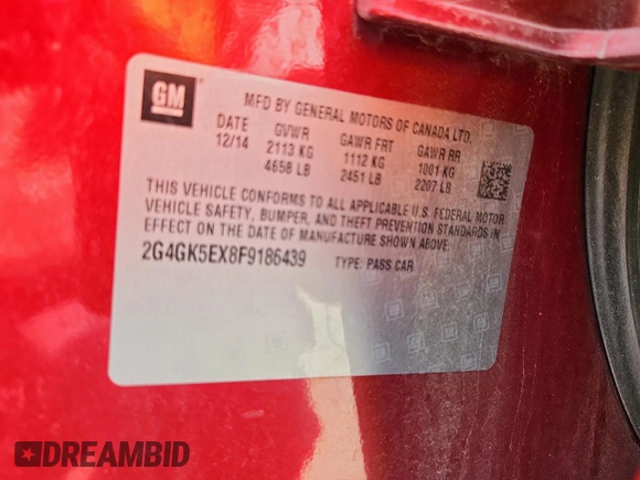 2015 Buick Regal z VIN 2G4GK5EX8F9186439, wystawiony jako Copart lot #60997045 z przebiegiem 97 224 mil mil oraz Szkoda całkowita • Salvage title. Historia ofert i sprzedaży dostępna na DreamBid. Obrazek 12.