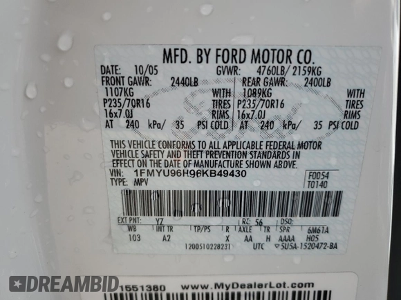 2006 Ford Escape Hybrid with VIN 1FMYU96H96KB49430, listed as a Copart auction lot 49249555 with 251,524 mi miles and Salvage Title. Bid and sale history available at carsss.com. Image 13.