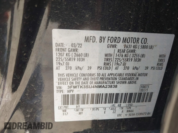 2022 Ford Mustang Mach-E Premium z VIN 3FMTK3SU4NMA23838, wystawiony jako IAAI lot #40509920 z przebiegiem Nie podano mil oraz . Historia ofert i sprzedaży dostępna na DreamBid. Obrazek 9.