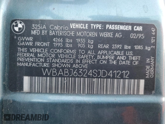 1995 BMW 3 Series 325iC with VIN WBABJ6324SJD41212, listed as a Copart auction lot 44364715 with 179,056 mi miles and Salvage Title. Bid and sale history available at carsss.com. Image 14.