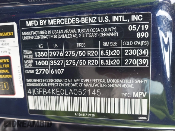 2020 Mercedes-Benz GLE 350 z VIN 4JGFB4KE0LA052145, wystawiony jako IAAI lot #42344452 z przebiegiem 32 435 mil mil oraz . Historia ofert i sprzedaży dostępna na DreamBid. Obrazek 9.