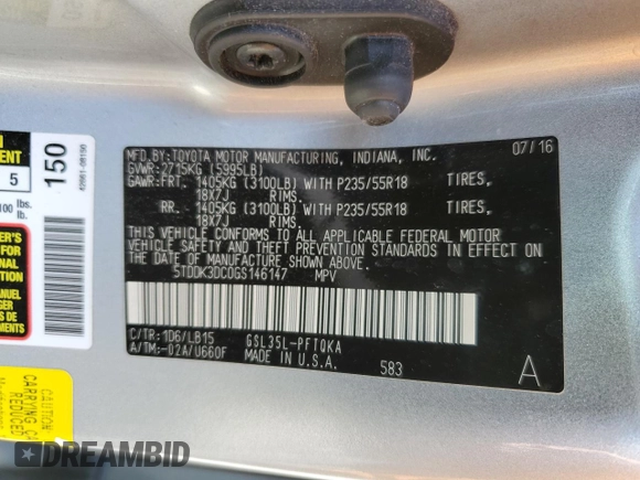 2016 Toyota Sienna Limited with VIN 5TDDK3DC0GS146147, listed as a Copart auction lot 55817445 with 141,174 mi miles and Salvage title. Bid and sale history available at DreamBid. Image 14.