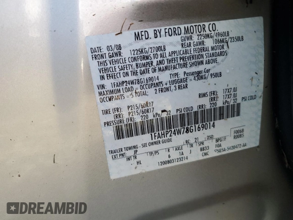 2008 Ford Taurus SEL with VIN 1FAHP24W78G169014, listed as a Copart auction lot 74138944 with 0 mi miles and Salvage Title. Bid and sale history available at carsss.com. Image 13.