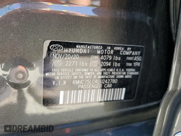 2020 Hyundai Ioniq SE with VIN KMHC75LC4LU242780, listed as a Copart auction lot 65294095 with 71,092 mi miles and Salvage title. Bid and sale history available at DreamBid. Image 14.