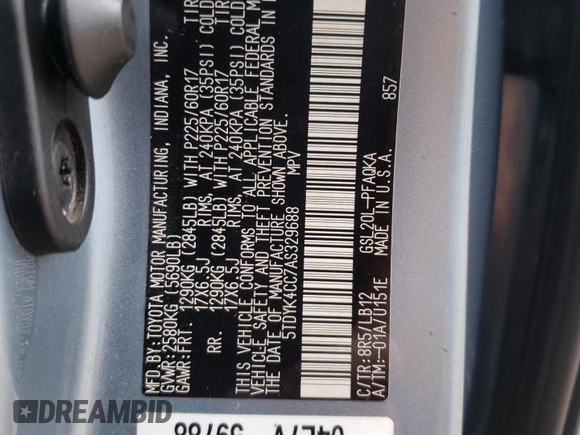2010 Toyota Sienna XLE with VIN 5TDYK4CC7AS329688, listed as a Copart auction lot 72644854 with 320,709 mi miles and Salvage Title. Bid and sale history available at carsss.com. Image 13.