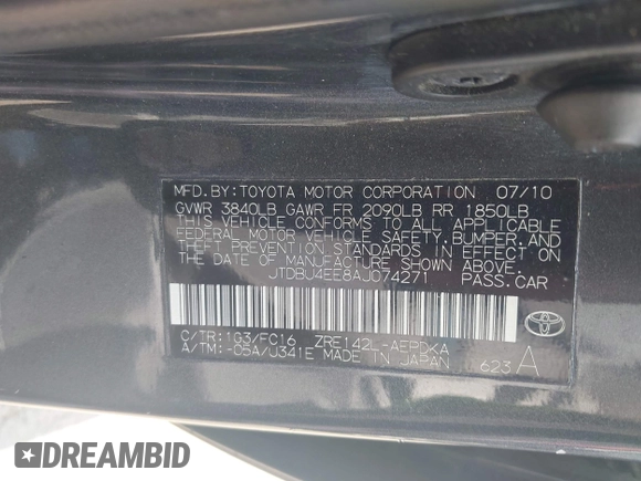 2010 Toyota Corolla with VIN JTDBU4EE8AJ074271, listed as a IAAI auction lot 42510977 with 198,709 mi miles and . Bid and sale history available at DreamBid. Image 9.
