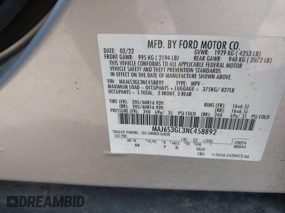 2022 Ford EcoSport SE z VIN MAJ6S3GL3NC458892, wystawiony jako IAAI lot #41899755 z przebiegiem 63 067 mil mil oraz . Historia ofert i sprzedaży dostępna na DreamBid. Obrazek 9.