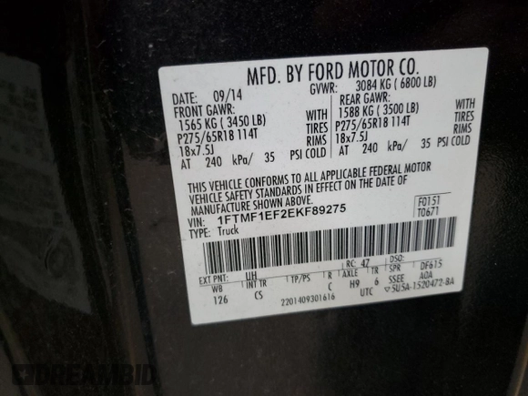 2014 Ford F-150 XL with VIN 1FTMF1EF2EKF89275, listed as a Copart auction lot 55439885 with 122,900 mi miles and Salvage title. Bid and sale history available at DreamBid. Image 12.