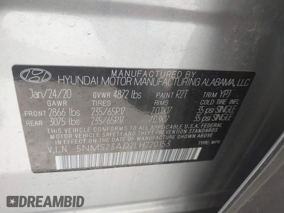 2020 Hyundai Santa Fe SE with VIN 5NMS23AD2LH220153, listed as a IAAI auction lot 42344499 with 28,346 mi miles and . Bid and sale history available at DreamBid. Image 9.