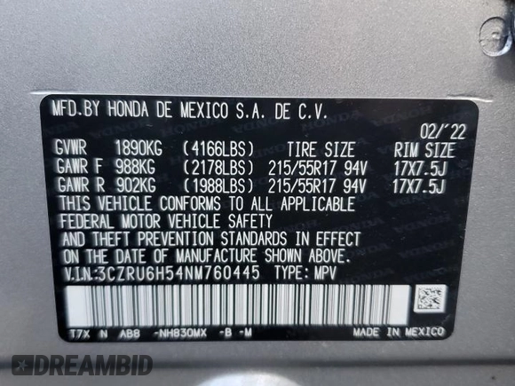 2022 Honda HR-V EX with VIN 3CZRU6H54NM760445, listed as a Copart auction lot 49689455 with 10,799 mi miles and Salvage Title. Bid and sale history available at carsss.com. Image 15.