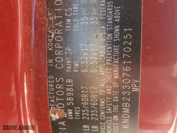 2007 Kia Sedona EX with VIN KNDMB233076170251, listed as a Copart auction lot 51850115 with 0 mi miles and Salvage Title. Bid and sale history available at carsss.com. Image 15.