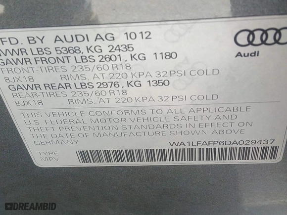2013 Audi Q5 Premium Plus with VIN WA1LFAFP6DA029437, listed as a IAAI auction lot 41890390 with 135,412 mi miles. Bid and sale history available at carsss.com. Image 9.