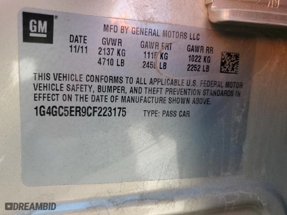2012 Buick LaCrosse Leather with VIN 1G4GC5ER9CF223175, listed as a Copart auction lot 48882255 with 191,036 mi miles and Salvage Title. Bid and sale history available at carsss.com. Image 12.