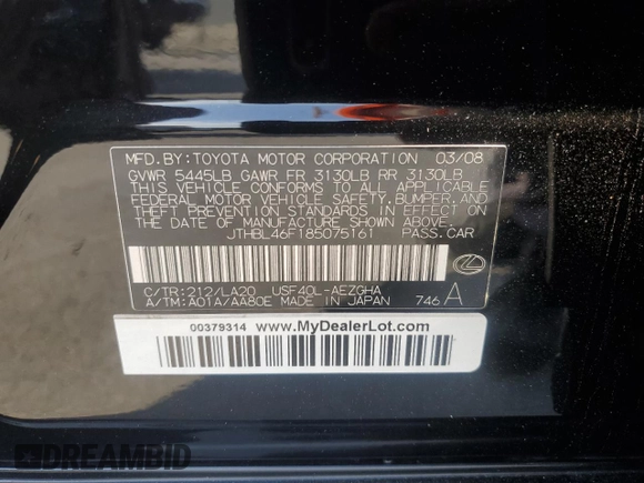2008 Lexus LS 460 with VIN JTHBL46F185075161, listed as a Copart auction lot 55852165 with 173,831 mi miles and Salvage Title. Bid and sale history available at DreamBid. Image 13.