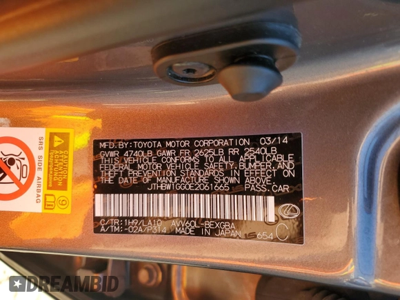 2014 Lexus ES 300h with VIN JTHBW1GG0E2061665, listed as a Copart auction lot 47241175 with 130,862 mi miles and Salvage Title. Bid and sale history available at DreamBid. Image 13.