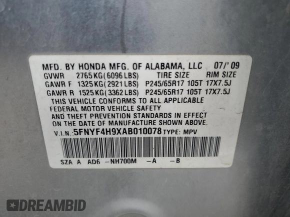 2010 Honda Pilot Touring with VIN 5FNYF4H9XAB010078, listed as a Copart auction lot 51292685 with 341,684 mi miles and Salvage Title. Bid and sale history available at carsss.com. Image 15.