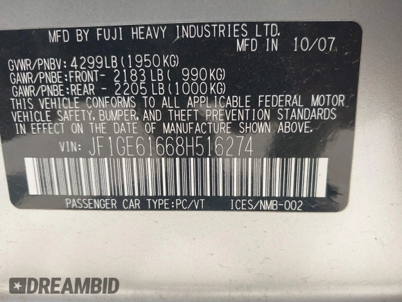 2008 Subaru Impreza i с VIN JF1GE61668H516274, выставлен на аукционе IAAI как лот 42246364 с пробегом 172 826 миль миль и . История ставок и продаж доступна на DreamBid. Изображение 9.