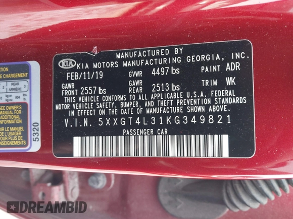 2019 Kia Optima LX with VIN 5XXGT4L31KG349821, listed as a IAAI auction lot 41366118 with 94,181 mi miles. Bid and sale history available at carsss.com. Image 9.