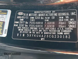 2012 Kia Sorento EX z VIN 5XYKU4A23CG230182, wystawiony jako IAAI lot #42367868 z przebiegiem 224 894 mil mil oraz . Historia ofert i sprzedaży dostępna na DreamBid. Obrazek 9.