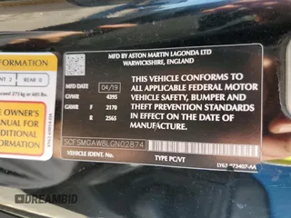 2020 Aston Martin Vantage z VIN SCFSMGAW8LGN02874, wystawiony jako Copart lot #85167724 z przebiegiem 40 848 mil mil oraz Szkoda całkowita • Salvage title. Historia ofert i sprzedaży dostępna na DreamBid. Obrazek 11.