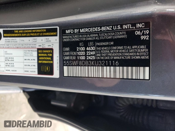 2019 Mercedes-Benz C 300 with VIN 55SWF8DB3KU321116, listed as a Copart auction lot 46750885 with 93,488 mi miles and Salvage Title. Bid and sale history available at DreamBid. Image 13.