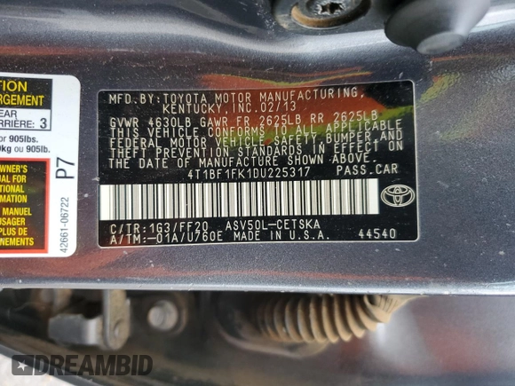 2013 Toyota Camry L with VIN 4T1BF1FK1DU225317, listed as a Copart auction lot 51847265 with 271,604 mi miles and Salvage Title. Bid and sale history available at DreamBid. Image 13.