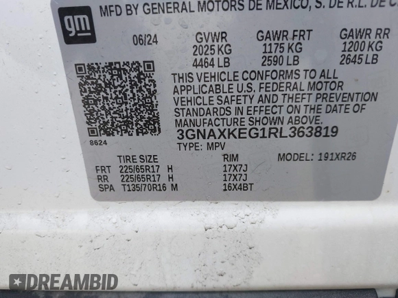 2024 Chevrolet Equinox LT with VIN 3GNAXKEG1RL363819, listed as a IAAI auction lot 41996557 with 19,761 mi miles and . Bid and sale history available at DreamBid. Image 9.