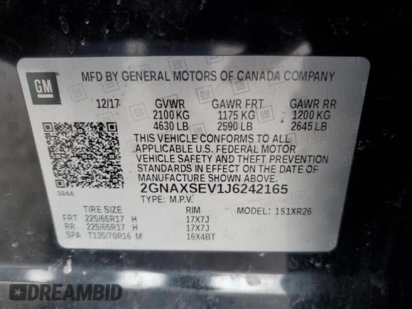 2018 Chevrolet Equinox LT with VIN 2GNAXSEV1J6242165, listed as a Copart auction lot 48318365 with 126,079 mi miles and Non Repairable. Bid and sale history available at carsss.com. Image 14.