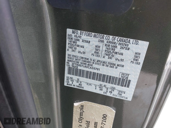 2002 Ford F-150 XL with VIN 2FTRX07L82CA55701, listed as a IAAI auction lot 41966222 with 103,226 mi miles and . Bid and sale history available at DreamBid. Image 9.